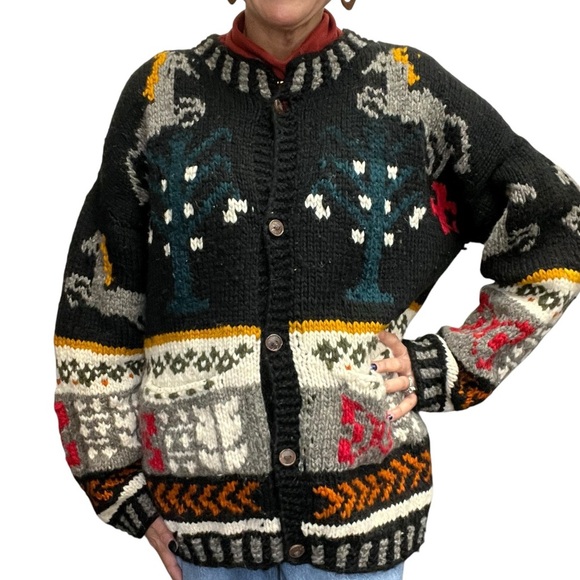 Chibcha Wool Artesian Cozy Heavy Knit Chunky Vintage Cardigan Horse Sweater - Picture 4 of 15